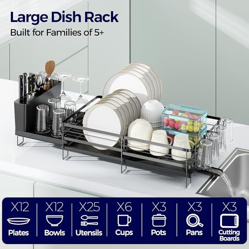 Pantasia Large Dish Drying Rack, Expandable Dish Rack for Kitchen Counter, Dish Drainer with Drainboard Set, Multifunctional Dishrack with Utensil & Cup Holder, 13.4"-28.7" L x 11.8" W x 7.8" H, Black
