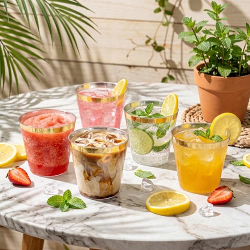 I00000 200 Pack Gold Plastic Cups, 9 Oz Elegant Clear Plastic Cups Gold Rimmed Disposable Wine Glasses Fancy Disposable Party Cup Wedding Cup Drinking Tumblers Cocktail Glasses Perfect for Party
