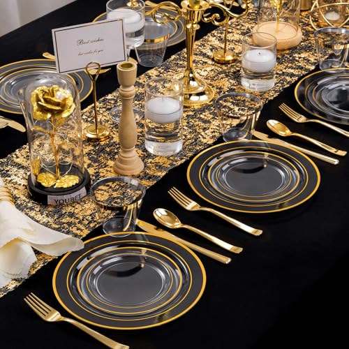 WELLIFE 600pc Gold Trim Plastic Dinnerware Set for Party: 100 Dinner Plates, 100 Dessert Plates, 300 Cutlery, 100 cups