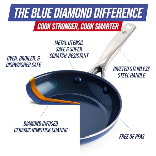 Blue Diamond 8" Nonstick Frying Pan Skillet, Diamond Infused PFAS-Free Ceramic, Dishwasher & Oven Safe, Stainless Steel Handle, Durable Non Toxic Metal Utensil Safe, Egg & Omelet Pan, Blue