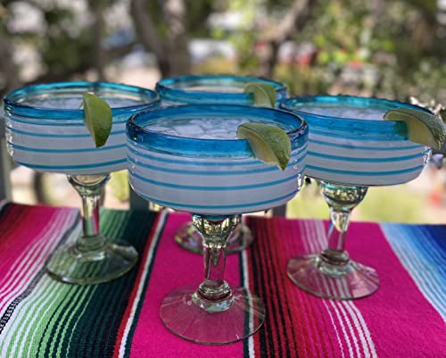 Dos Sueños Mexican Hand Blown Glass – Set of 4 Hand Blown Margarita Glasses (16 oz) with Aqua Spiral Design