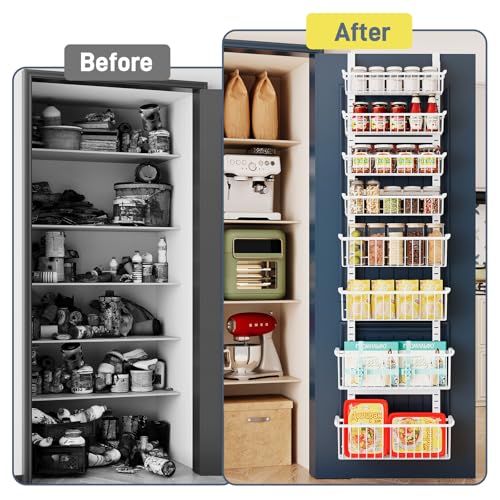 Over The Door Pantry Organizer, 8-Tier Over The Door Organizer with Adjustable Baskets, Metal Hanging Spice Rack for Pantry Organizers and Storage, Suitable for Kitchen Laundry Room & Bathroom, White