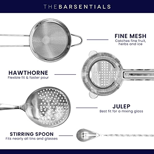 TheBarsentials Cocktail Strainer Set Stainless Steel Bar Tools with Stirring Spoon - Hawthorne, Julep, & Fine-Mesh Sifter for Drinks