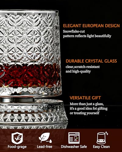 CEEFU Old Fashioned Whiskey Glasses with 360° Rotating Base, Set of 2 (2 Crystal Glasses Set, 2 Big Ice Ball Molds) In Gift Box - Bourbon, Cocktail, Rocks, Bday Gifts Ideas for Men, Snowflake Pattern