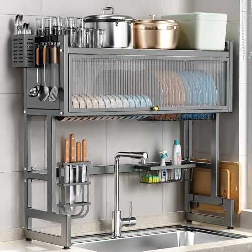 CUISIBOT Over the Sink Dish Drying Rack 3 Tier with Dustproof Flip-Up Cover