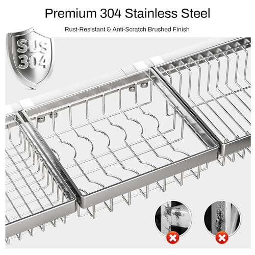 ADBIU Luxurious 304 Stainless Steel Over Sink Dish Drying Rack (Suitable for Sink Length 26.3"- 37.4") Snap-On Design 2 Tier Large Kitchen Dish Rack Stainless Steel Counter Organization and Storage