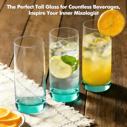 GLAZVIA Green Highball Glasses Set of 6,13oz Drinking Glass Cups for Mixed Drink Cocktail, Beer, Mojito, Water and Juice,Thick Tall Crystal Glassware for Kitchen, Restaurant, Home Bar and Parties