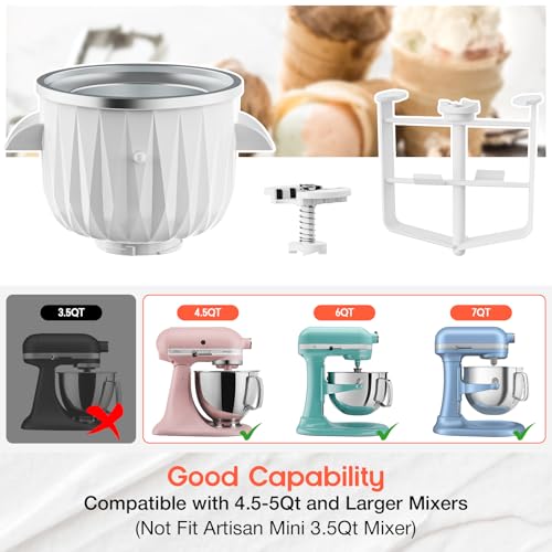 Ice Cream Maker Attachment for KitchenAid Stand Mixer, 2 Quart Kitchen Aid ice cream attachment Frozen Yogurt Sorbet Gelato Maker, Fits 4.5QT and Larger Stand Mixers