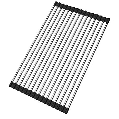 SHUYUE Roll up Dish Drying Rack Over The Sink Portable Stainless Still Rolling Rack Folding Mat for Kitchen Counter (Black, 17.7''LX11.8''W)