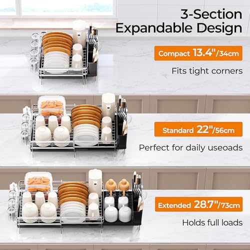 Delamu Stainless Steel Dish Drying Rack, Expandable Dish Drainer, Anti-Rust Large Dish Racks for Kitchen Counter, Dish Strainers with Drainboard, Utensil & Cup Holder, 13.4"-28.7" L x 11.8" W, Silver