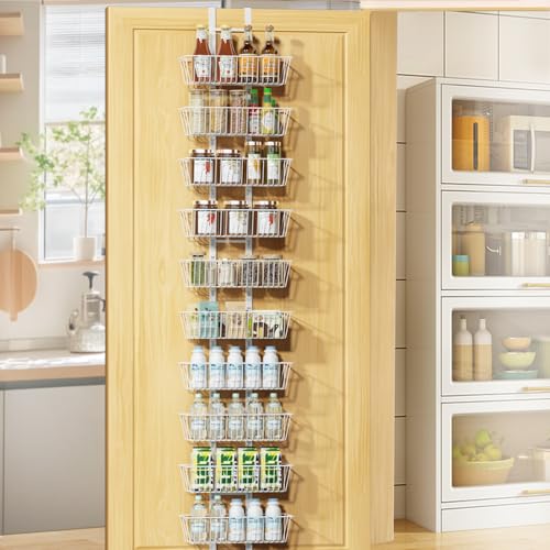 Hocookeper 10 Tier Over the Door Pantry Organizer, Over the Door Spice Rack with Adjustable Baskets, Metal Hanging Door Pantry Organizers and Storage for Kitchen Bathroom Bedroom, White