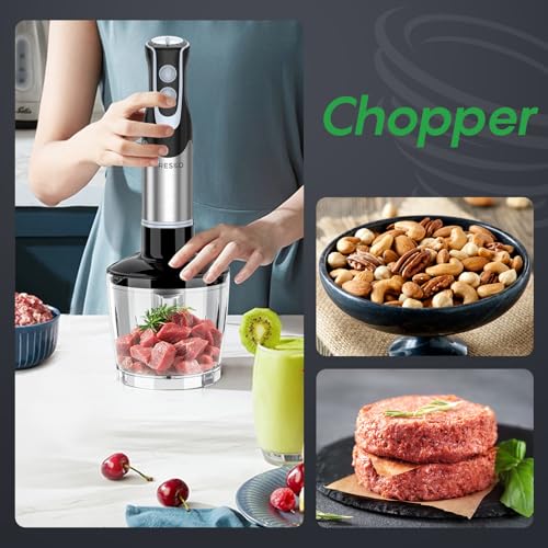FRESKO Immersion Blender Handheld, Stainless Steel Hand Electric Stick Mixer with 12-Speeds & Turbo Mode, Powerful 500W Emulsion Blender with Beaker, Chopper & Whisk for Smoothie, Puree, Baby Food