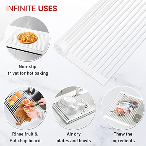 MERRYBOX Roll Up Dish Drying Rack Silicone Wrapped Over The Sink Dish Rack Foldable Dish Drainer Anti-Slip Dish Racks for Kitchen Counter, Multipurpose Kitchen Sink Drying Rack, 20.5" x 13", White