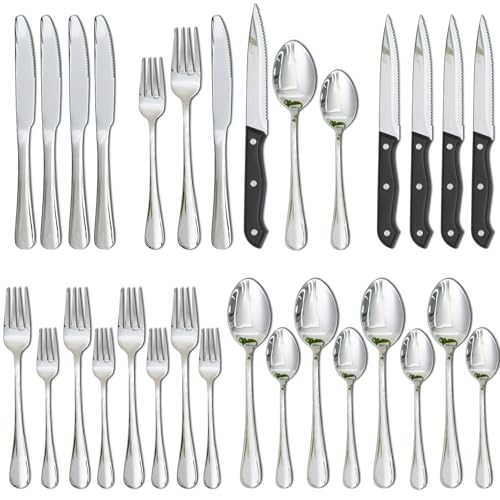 Astercook Silverware Set with Steak Knives 24-Piece Flatware Set for 4 Food-Grade Stainless Steel Cutlery Set Mirror
