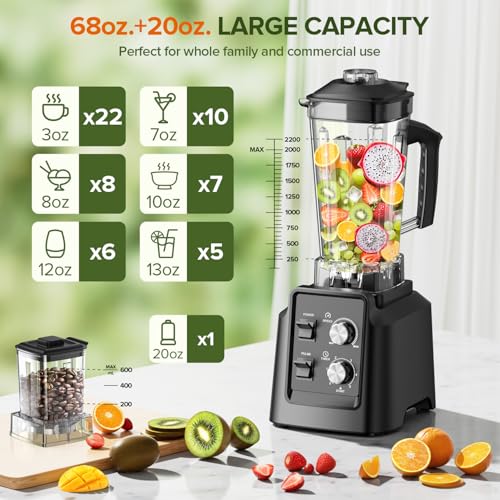 Blender, 1800W Blender with Grinder - 6-Blade Professional Smoothie Blenders for Kitchen, Crushes Ice, Self-Cleaning, 68oz & 20oz Jars Dishwasher Safe, for Baby Food, Nut Butter