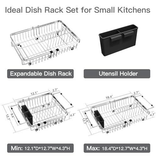 MAJALiS Dish Drying Rack Over The Sink, Expandable Stainless Steel Dish Drainer for Small Kitchen Counter Space Saving, RV Compact Plate Strainer In Silver Metal with Hanging Adjustable Utensil Holder