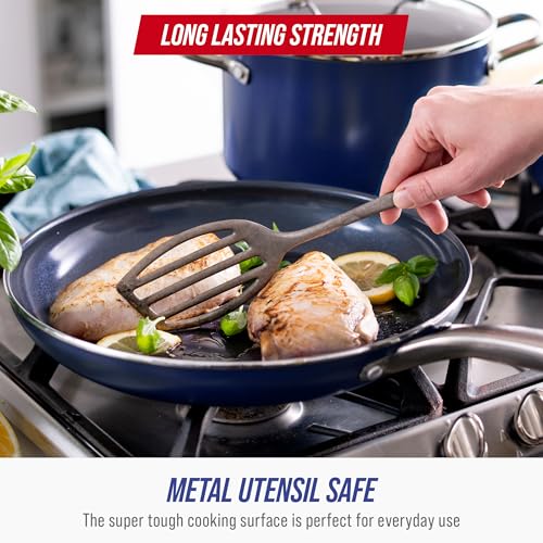 Blue Diamond 12 Piece Nonstick Cookware Set, Diamond Ceramic Pots & Pans, Dishwasher & Metal Utensil Safe, Non Toxic PFAS-Free, Kitchen Cooking Sauce & Saute Pans, Oven & Broiler to 600F, Blue