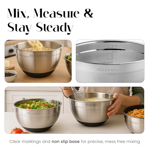 Bellemain Mixing Bowls with Lids Set - Stainless Steel Mixing Bowls with Airtight Lids - Food Storage Containers - 3PCS Set with Non-Slip Bottoms Kitchen Essentials for Baking - Serving