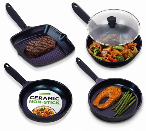NutriChef Non Stick Frying Pans Set, 5-Piece Blue Diamond Ceramic Cookware with Lid, Nonstick Frying Pan for Gas