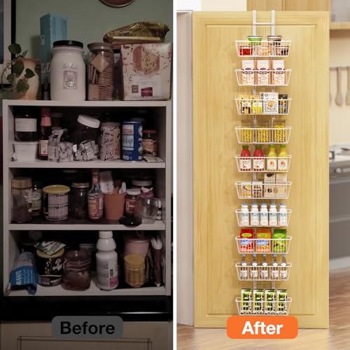 Hocookeper 10 Tier Over the Door Pantry Organizer, Over the Door Spice Rack with Adjustable Baskets, Metal Hanging Door Pantry Organizers and Storage for Kitchen Bathroom Bedroom, White
