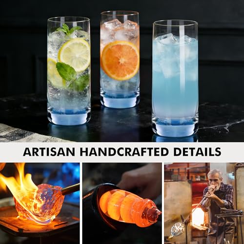 GLAZVIA Blue Highball Glasses Set of 6,13oz Drinking Glass Cups for Mixed Drink Cocktail, Beer, Mojito, Water and Juice,Thick Tall Crystal Glassware for Kitchen, Restaurant, Home Bar and Parties