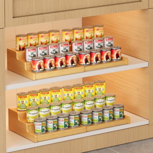 Expandable Bamboo Can Storage Display for Pantry, Easy-Access 3-Tier Adjustable Can Organizer Shelf for Cabinets, Canned Goods & Food Storage, Soda Can Organizer Holds Up to 24 Cans (Patent Pending)