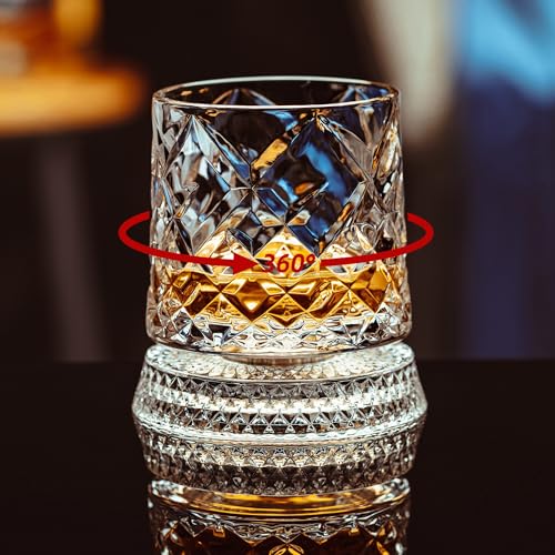 NORIMODA Spinning Whiskey Glasses Set of 4 With Iceball Molds, 9.5oz Lead-free Rotating Old Fashioned Rocks Glasses for Bourbon, Scotch, Liquor and Cocktails, Gifts for Whiskey-lovers