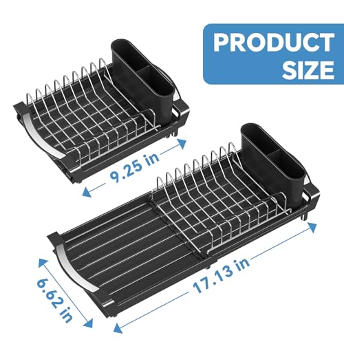 Simple Trending Small Dish Drying Rack, Compact Expandable Dish Rack with Cutlery Holder, Sink Dish Drainer for Kitchen Countertop, Black