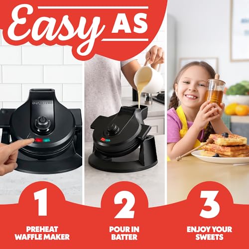 Gourmia Dual Pour Waffle Maker - Belgian Waffle Maker with Mess Free Spout, NonStick Plates, Cool Touch Handle, Compact Upright Storage, Safety Latch, Black