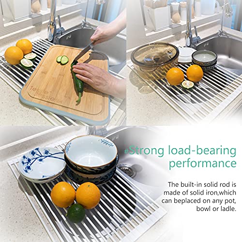Bigdata&BetterLife Multi Purpose Roll Up Dish Drying Rack White Dish Drying Mat with Rack for Kitchen,Heavy Duty Foldable Silicone-Coated Stainless Steel Sink Dry Rack (White,20.5" x 13.1")