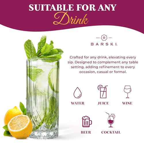Barski Highball Glass - Drinking Glasses - Set of 4 - Hiball Tumblers - Glass Crystal Tumbler - for Water, Juice, Beer, Mixed Cocktails, Mojito Glass, Tom Collins Bar Glassware, 13 oz, Made in Europe