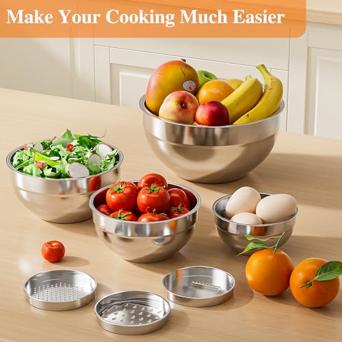 Winproper Mixing Bowls with Lids Set, 6 PCS Stainless Steel Mixing Bowls with 3 Grater Attachments, Kitchen Food Storage Organizers Nesting Mixing Bowl, Large Size 4.5, 3.5, 2.1, 1.5, 1.1, 0.7QT