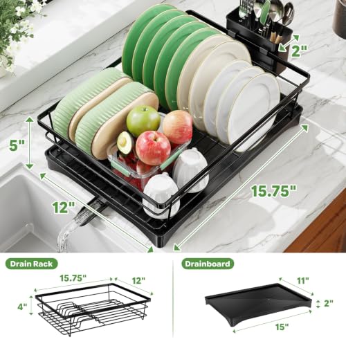 Simple Trending Dish Drying Rack, Space-Saving Dish Rack for Kitchen Counter, Stainless Steel Dish Drainer with Cutlery Holder and Drainboard, 12''W x 17''L, Black