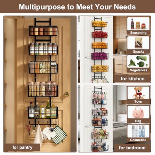 Hongtamoya Adjustable Over the Door Organizer, Metal Hanging Door Organizer with 5 Wire Basket 7 Hooks, Wall Mounted Shelf for Pantry Laundry Organization and Storage, Black