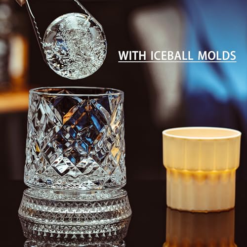 NORIMODA Spinning Whiskey Glasses Set of 4 With Iceball Molds, 9.5oz Lead-free Rotating Old Fashioned Rocks Glasses for Bourbon, Scotch, Liquor and Cocktails, Gifts for Whiskey-lovers