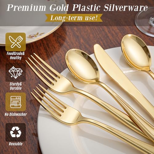 WDF300 Pieces Gold Plastic Silverware - Heavy Duty Disposable Cutlery Set Plastic Gold Silverware Set Includes 100 Forks, 100 Spoons, 100 Knives for Party Baby Shower Wedding Spring