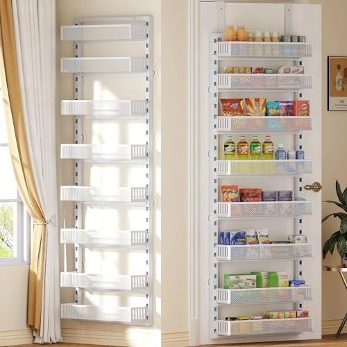 SEFILENCE Over the Door Pantry Organizer, 8-Tier Over the Door Spice Rack with Adjustable Baskets, Wall-Mounted or Hanging Shelves for Kitchen, Laundry Room, Bathroom(White, 16.65"W x 5.2"D x 72.6"H)
