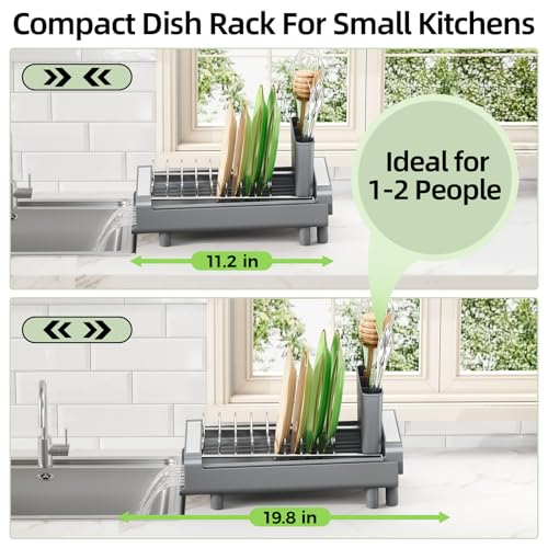 TOOLF Small Dish Drying Rack, Mini Expandable Compact Dish Rack, Slim Extendable Stainless Steel Dish Drainer for Kitchen Plate Storage, Space Saving Dish Strainer in Sink or on Home Countertop, Gray