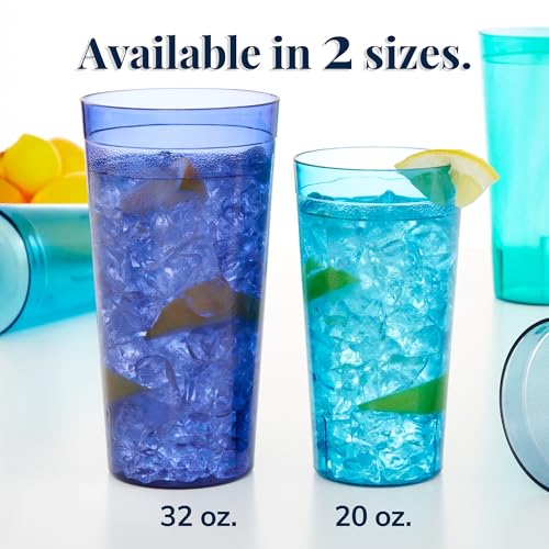 US Acrylic Cafe Plastic Reusable Tumblers (Set of 16) 20-ounce Water Cups Coastal Colors | Restaurant Style Drinking Glasses Value Set, Stackable, BPA-free, Made in the USA | Top-rack Dishwasher Safe