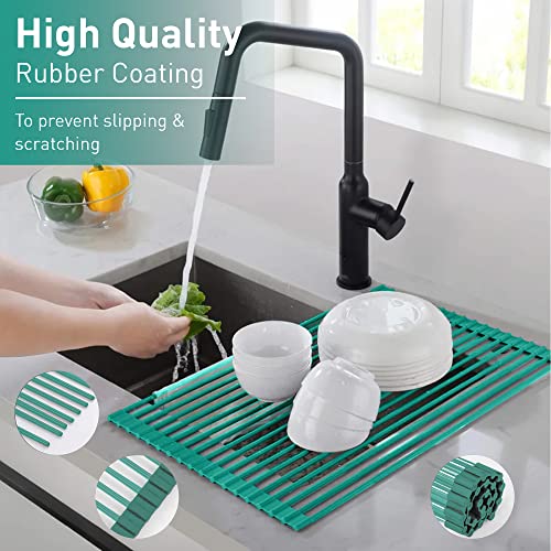 Bellemain Dish Rack Over Sink, Roll Up Dish Drying Rack | Silicone & Stainless Steel Dish Drainer, Dish Drying Mat, Space Saving Drying Rack (Green, Medium)