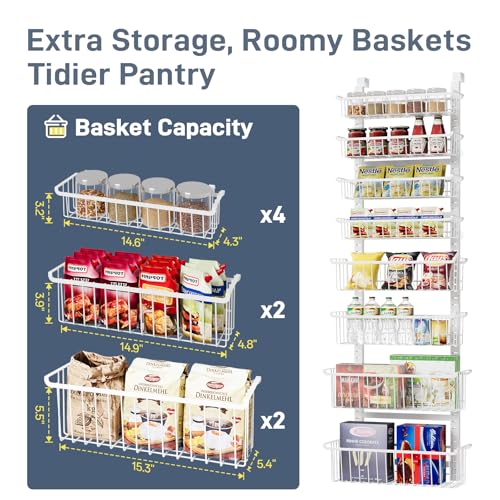 Over The Door Pantry Organizer, 8-Tier Over The Door Organizer with Adjustable Baskets, Metal Hanging Spice Rack for Pantry Organizers and Storage, Suitable for Kitchen Laundry Room & Bathroom, White