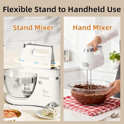 Vikaluz 4.8QT 2-in-1 Stand Mixer, Electric Kitchen Mixer with Auto-Rotating Bowl & Tilt-Head, 5-Speed 250W Turbo Baking Machine for Beginners with Beater & Dough Hook for Cookie, Bread, Cake (White)