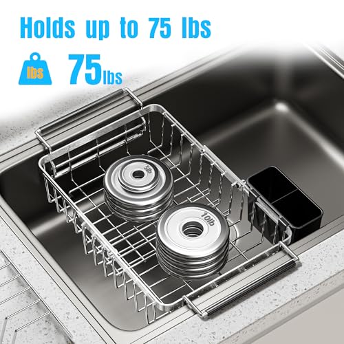 Dolreiik Expandable Over The Sink Dish Drying Rack, Anti-Rust Stainless Steel in Sink Dish Drainer with Cutlery Holder, Counter Space Saving Sturdy Sink Drying Rack for Many Kitchen Drain Task