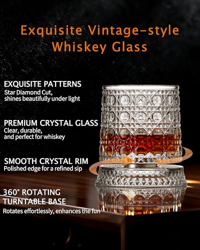 CEEFU Old Fashioned Whiskey Glasses with 360° Rotating Base, Set of 2 (2 Crystal Glasses Set, 2 Big Ice Ball Molds) In Gift Box - Bourbon, Cocktail, Rocks, Bday Gifts Ideas for Men, Gem Pattern