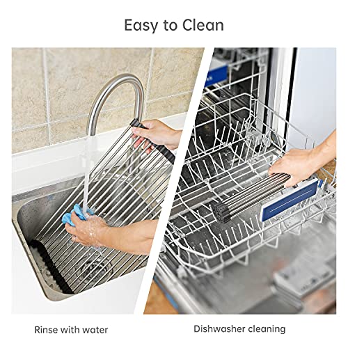 ARAINY Large Telescopic Drain Rack Roll Up Rack Heat-Resistant Dish Drainer Kitchen Sink Rack Over the Sink Dish Drying Rack Stainless Steel Dish Rack (18 Tube 21.25''x12.79'')