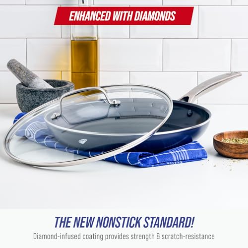 Blue Diamond 12" Nonstick Frying Pan with Lid, Diamond Infused PFAS-Free Ceramic Skillet, Dishwasher & Oven Safe, Stay Cool Handle, Durable Metal Utensil Safe, Glass Lid, Blue