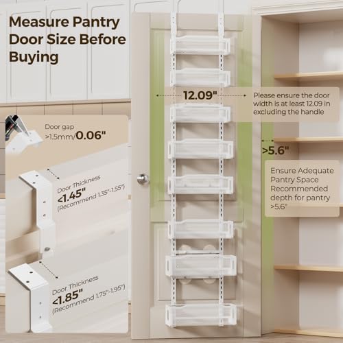 Delamu 8 Tier Over the Door Pantry Organizer, 2in1 Hanging or Wall Mount Spice Rack Seasoning, Adjustable Heavy-Duty Narrow Pantry Door Organizer and Storage for Kitchen Cabinet and Bathroom,12" White