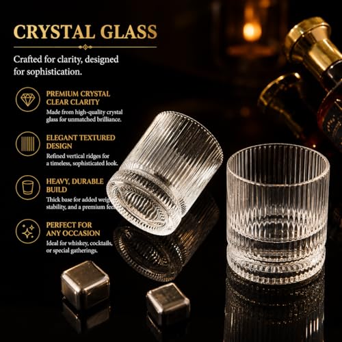VUNDO Vintage Whiskey Glasses Set of 4, 12 oz Crystal, Luxury Gift Box