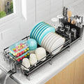 Pantasia Large Dish Drying Rack, Expandable Dish Rack for Kitchen Counter, Dish Drainer with Drainboard Set, Multifunctional Dishrack with Utensil & Cup Holder, 13.4"-28.7" L x 11.8" W x 7.8" H, Black