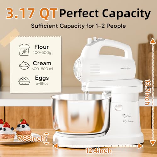 Vikaluz 3.2QT 2-in-1 Stand Mixer, Electric Kitchen Mixer with Auto-Rotating Bowl & Tilt-Head, 5-Speed 250W Turbo Baking Machine for Beginners with Beater & Dough Hook for Cookie, Bread, Cake (White)